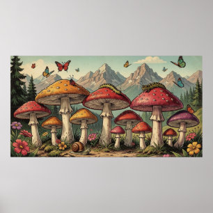Whimsical Mushrooms and Mountain Tops Poster