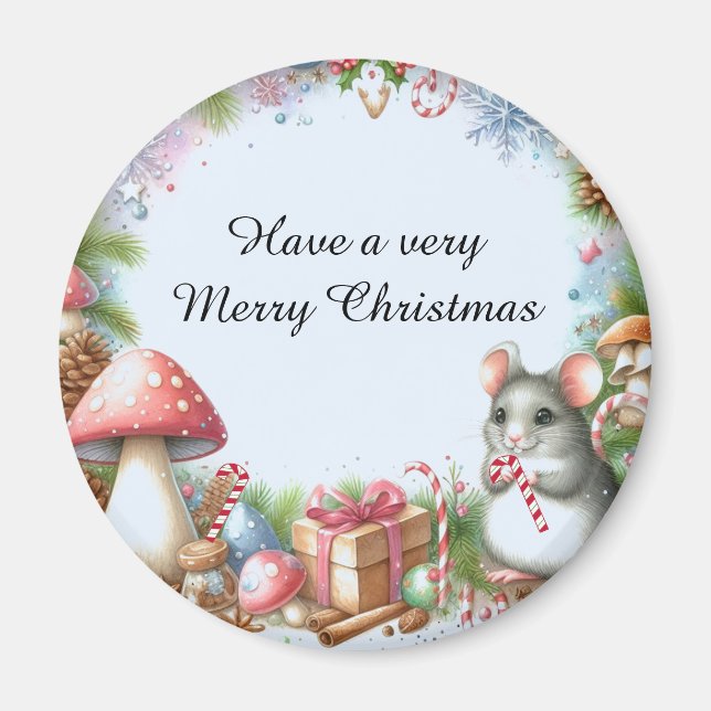 Whimsical Mushrooms and Mouse Christmas Wishes Magnet (Front)