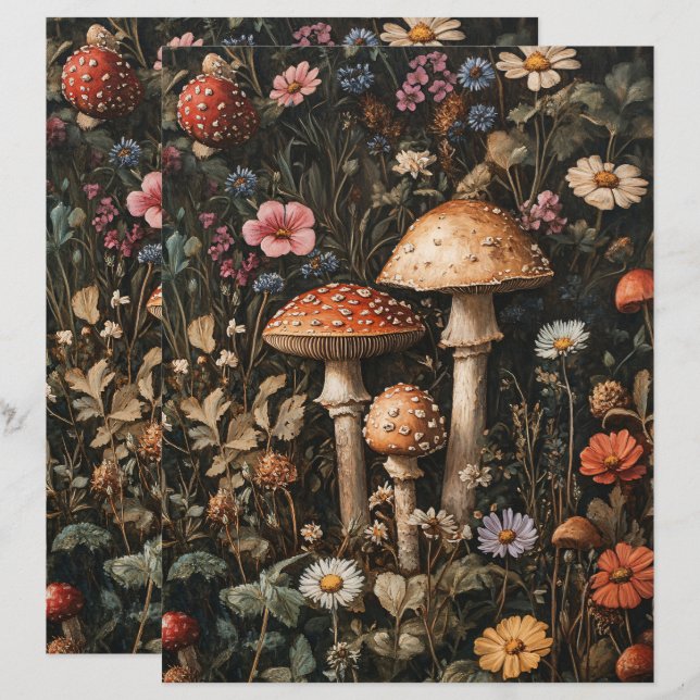 Whimsical Mushrooms and Wildflower Scrapbook Paper (Front/Back)
