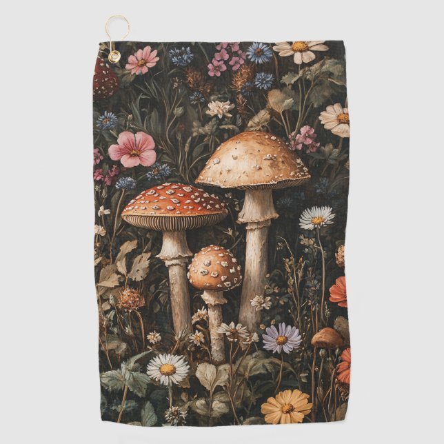 Whimsical Mushrooms and Wildflowers Botanical Golf Towel (Front)