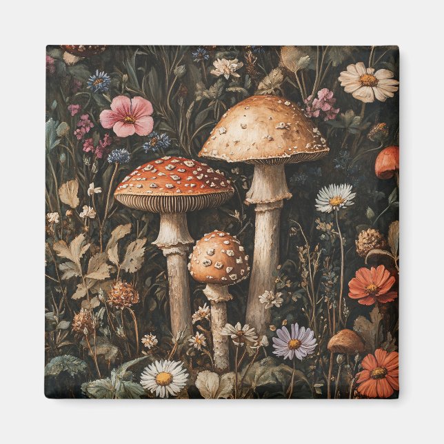 Whimsical Mushrooms and Wildflowers Botanical Magnet (Front)