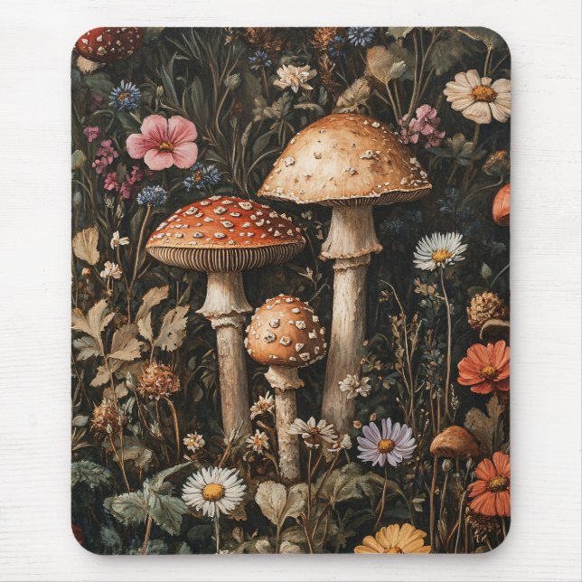 Whimsical Mushrooms and Wildflowers Botanical Mouse Mat (Front)