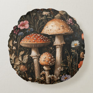 Whimsical Mushrooms and Wildflowers Botanical Round Cushion