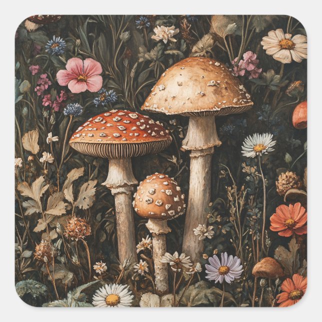 Whimsical Mushrooms and Wildflowers Botanical Square Sticker (Front)