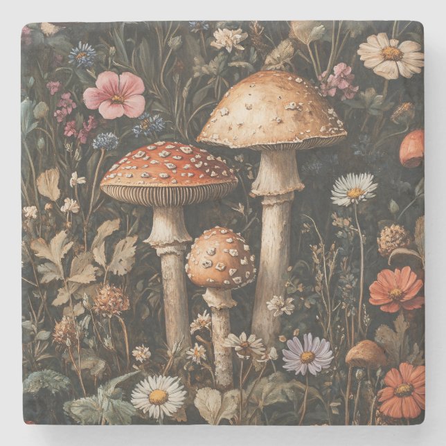 Whimsical Mushrooms and Wildflowers Botanical Stone Coaster (Front)