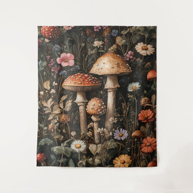 Whimsical Mushrooms and Wildflowers Botanical Tapestry (Front)