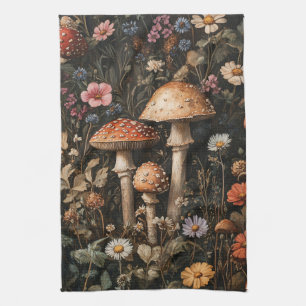 Whimsical Mushrooms and Wildflowers Botanical Tea Towel