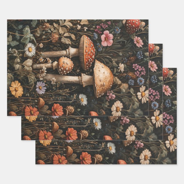 Whimsical Mushrooms and Wildflowers Decoupage Wrapping Paper Sheet (Set)