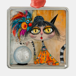 Whimsical Mystic Fortune Teller Cat Metal Tree Decoration