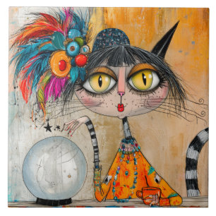 Whimsical Mystic Fortune Teller Cat Tile