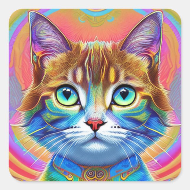 Whimsical Mystical Colourful Cat Square Sticker (Front)