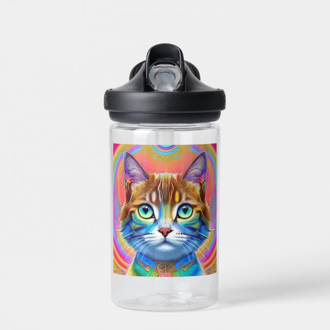Whimsical Mystical Colourful Cat Water Bottle (Front)