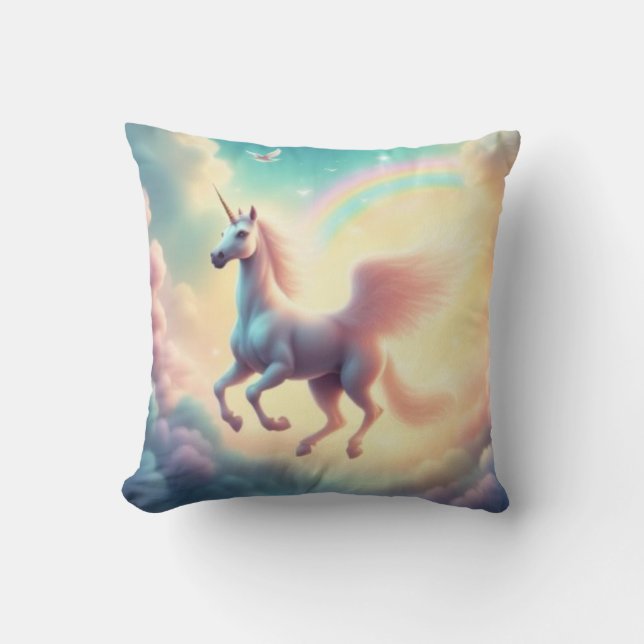 Whimsical Mystical Flying Unicorn Pastel Rainbow Cushion (Front)