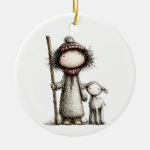 Whimsical Nativity Shepherd and Lamb Christmas Ceramic Tree Decoration