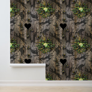 Whimsical Natural Wood Heart and Bee Illustration Wallpaper