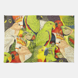 Whimsical Nature Green Parrots Birds Pattern Tea Towel