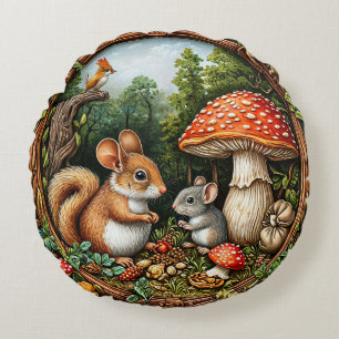 Whimsical Nature Scene With squirrel Round Cushion