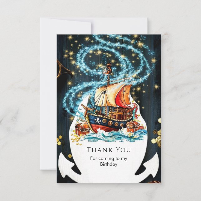 Whimsical Nautical Pirate Ship Birthday Thank You Card (Front)