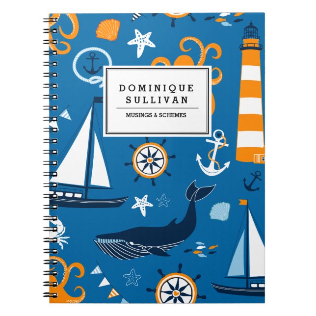 Whimsical Nautical Scene Pattern Personalised Notebook (Front)
