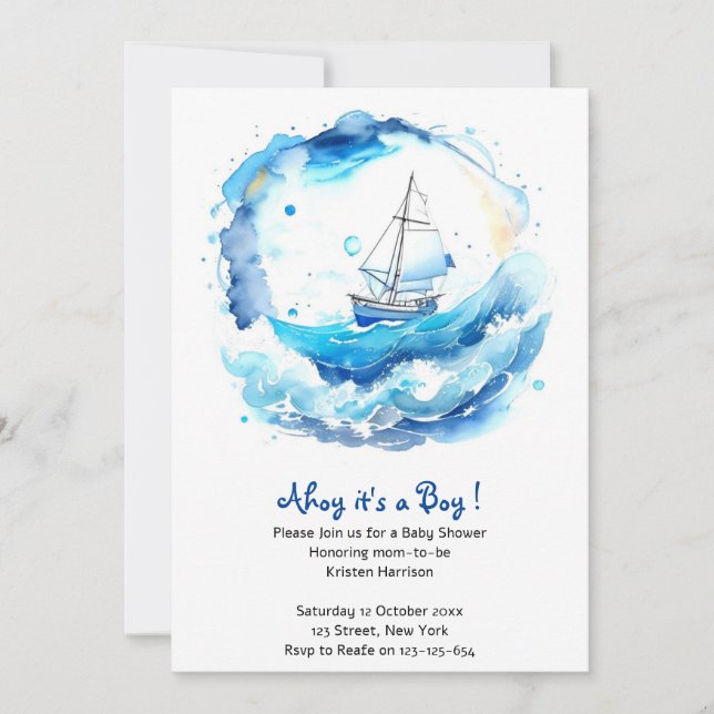 Whimsical Nautical Watercolor Boy Baby Shower Invitation (Front)