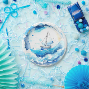 Whimsical Nautical Watercolor Boy Baby Shower Paper Plate