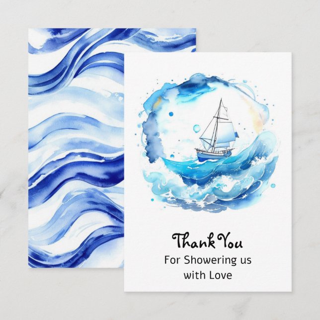 Whimsical Nautical Watercolor Boy Baby Shower Thank You Card (Front/Back)