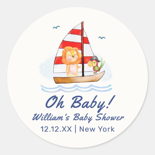 Whimsical Nautical Wild Lion Sailboat Baby Shower  Classic Round Sticker (Front)