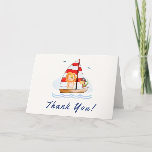 Whimsical Nautical Wild Lion Sailboat Baby Shower  Thank You Card (Front)
