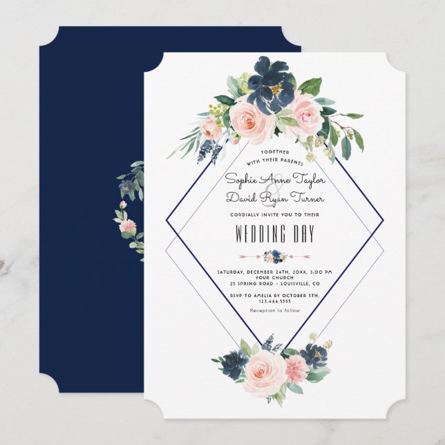 Whimsical Navy Blue Blush Floral Wedding Invitation (Front/Back)