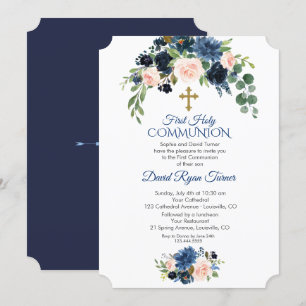 Whimsical Navy Blue Blush Flowers First Communion Invitation