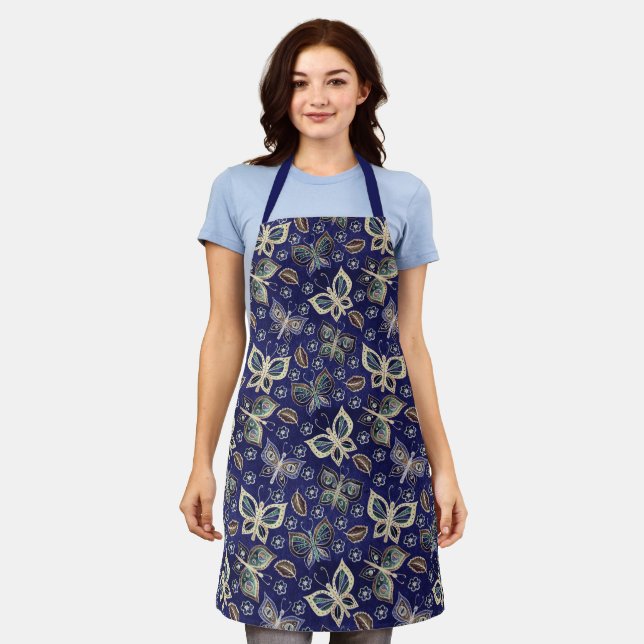Whimsical Navy Blue Butterfly Pattern Apron (Worn)