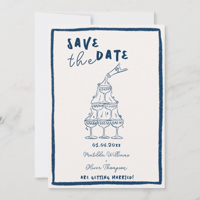 Whimsical Navy Blue Save The Date Invitation (Front)