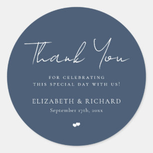 Whimsical Navy Blue Script Thank You Wedding Classic Round Sticker