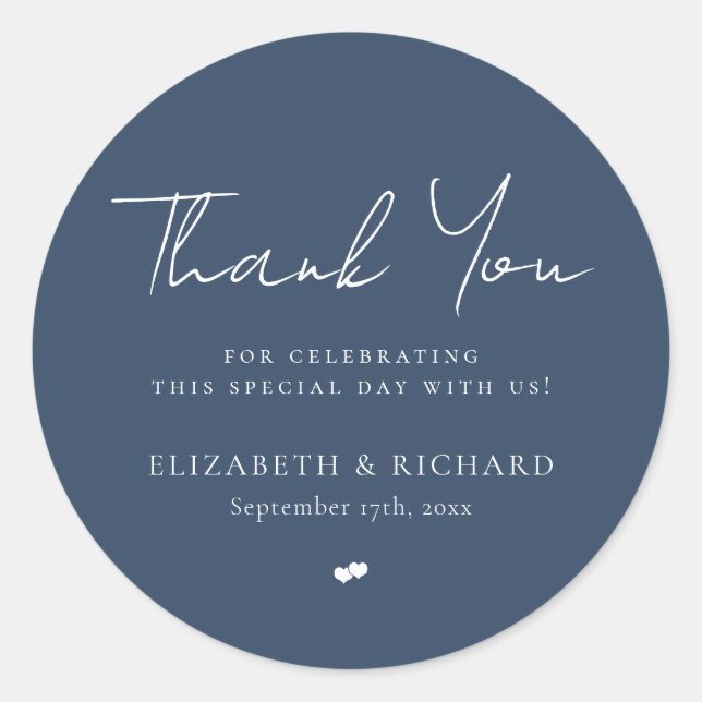 Whimsical Navy Blue Script Thank You Wedding Classic Round Sticker (Front)