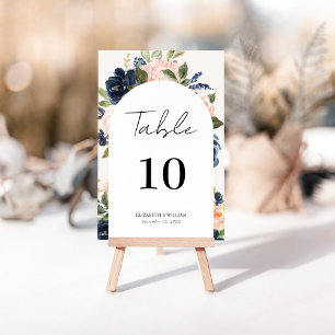 Whimsical Navy & Blush Floral Script Wedding Table Number