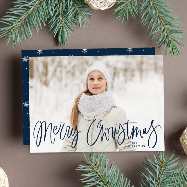 Whimsical Navy Script Merry Christmas Photo Holiday Card (Creator Uploaded)