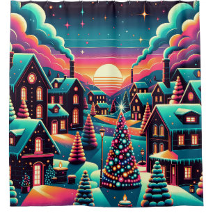 “Whimsical Neon Christmas Village” Shower Curtain