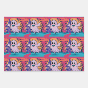 Whimsical Neon Ghost, Candy Corn, Witch, Halloween Wrapping Paper Sheet