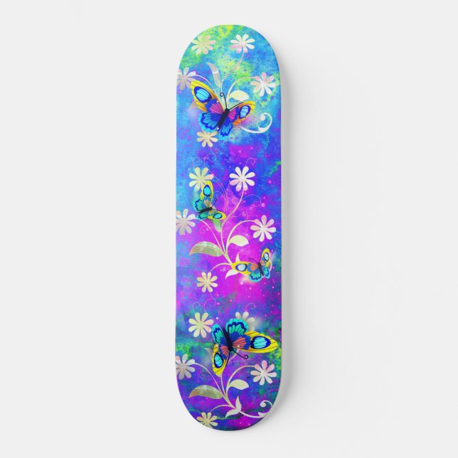 Whimsical Neon Wonderland Flowers Butterflies Skateboard (Front)