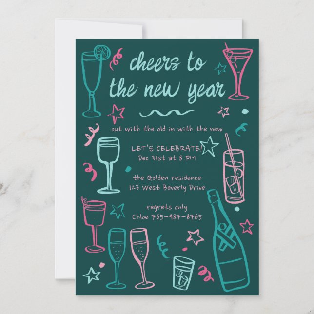 Whimsical NEW YEAR Party Cocktail Drinks Custom  Invitation (Front)