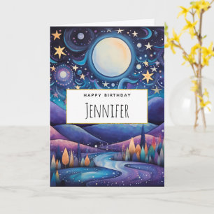 Whimsical Night Big Moon Landscape Birthday Card