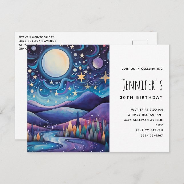 Whimsical Night Big Moon Landscape Birthday Invitation Postcard (Front/Back)
