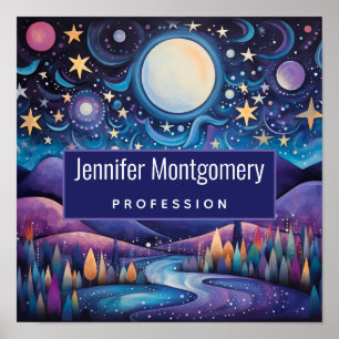 Whimsical Night Big Moon Landscape Business Poster