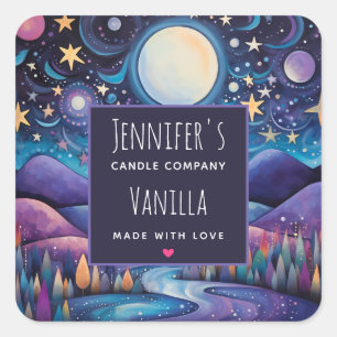 Whimsical Night Big Moon Landscape Candle Business Square Sticker