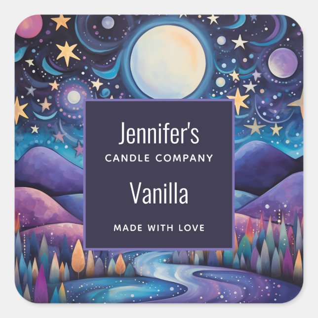Whimsical Night Big Moon Landscape Candle Business Square Sticker (Front)