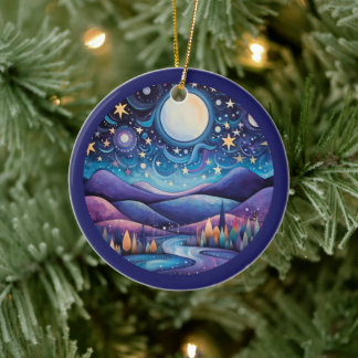 Whimsical Night Big Moon Landscape Ceramic Tree Decoration