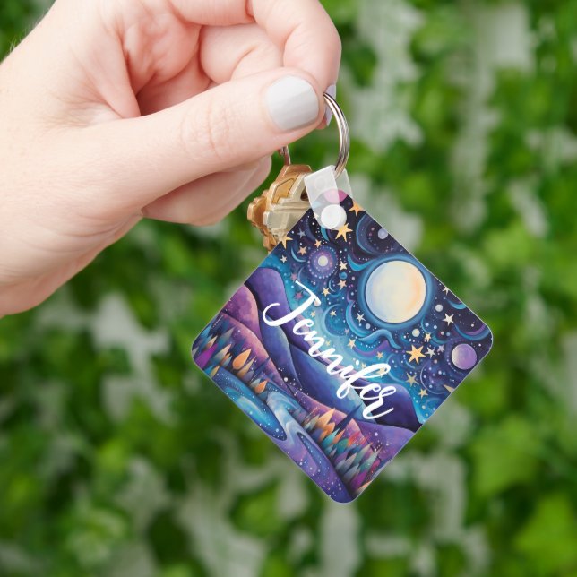 Whimsical Night Big Moon Landscape Key Ring (Hand)