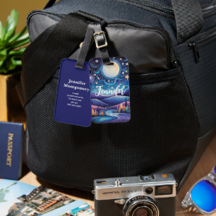 Whimsical Night Big Moon Landscape Luggage Tag