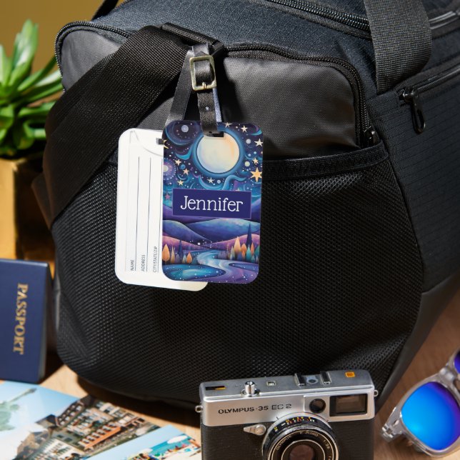 Whimsical Night Big Moon Landscape Luggage Tag (Front & Back)