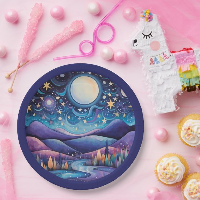 Whimsical Night Big Moon Landscape Paper Plate (Party)